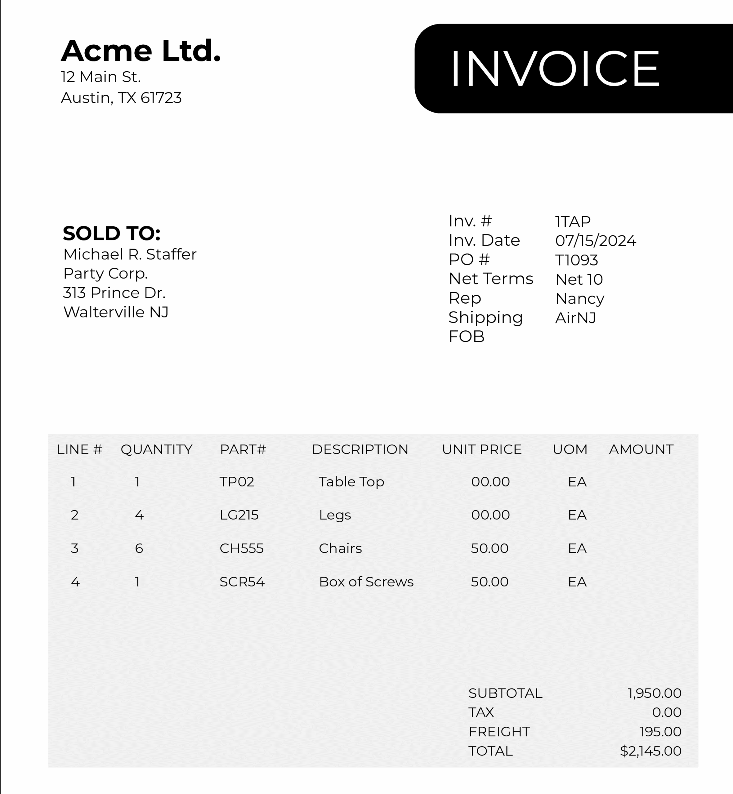 example invoice screenshot